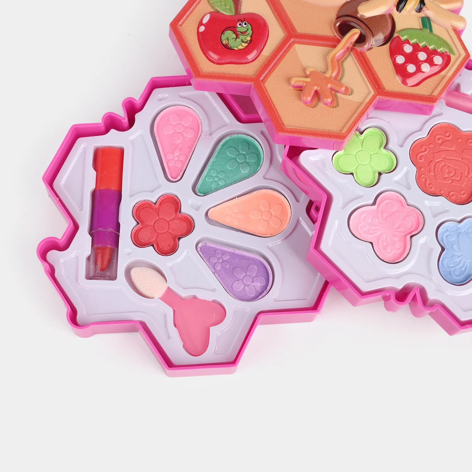Honey Bee Makeup Case open view - shaped eyeshadows, lipstick and lip gloss