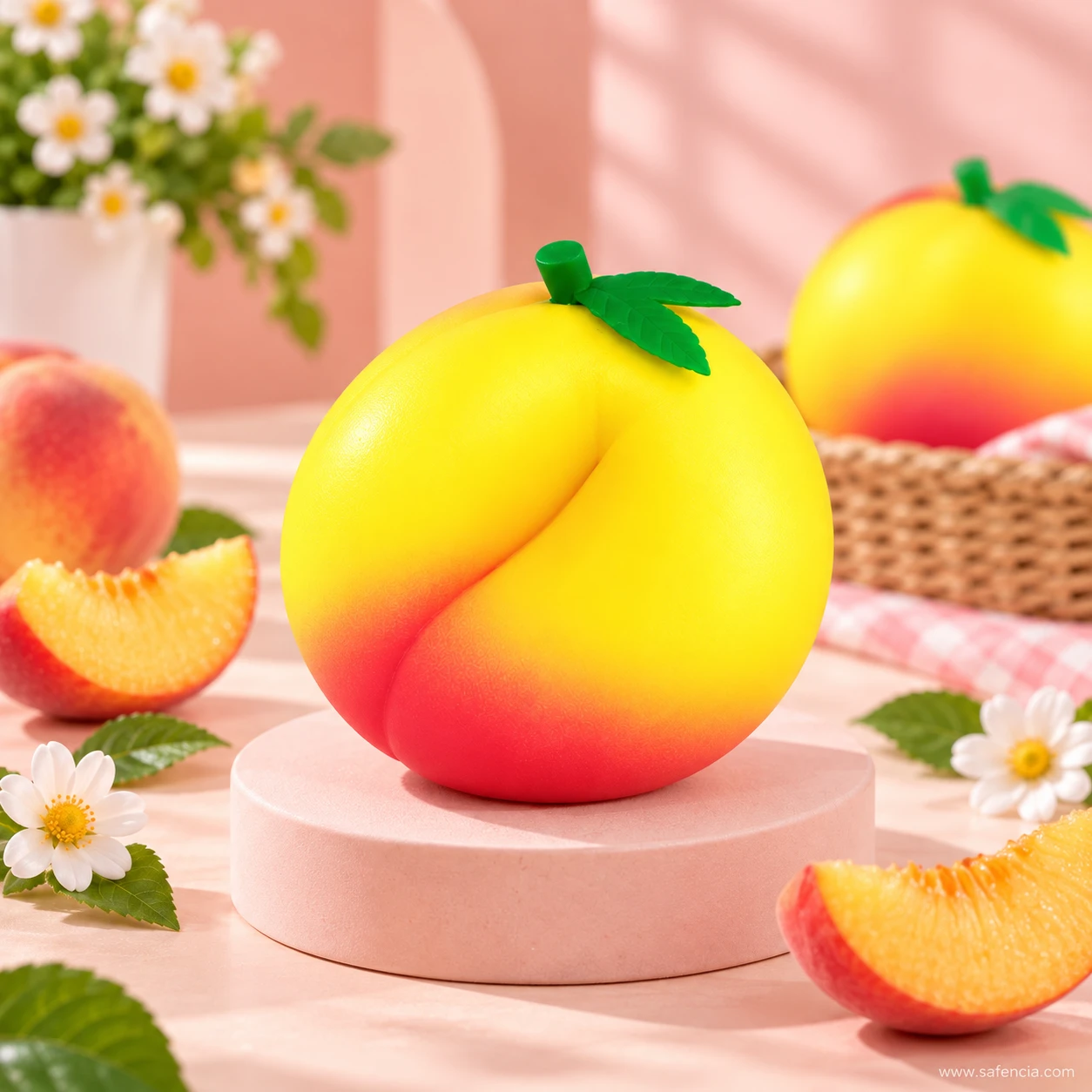 Side view of the honey peach squishy showing its centre crease, surrounded by sliced peaches