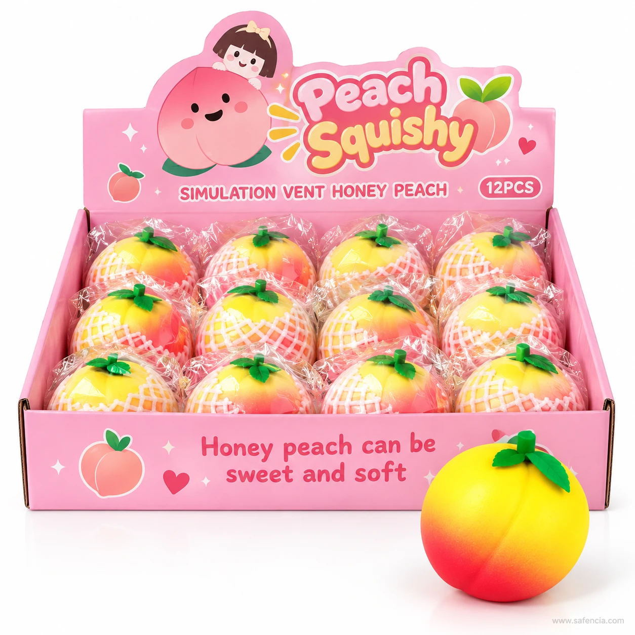Pink Peach Squishy display box of twelve wrapped peaches marked Simulation Vent Honey Peach