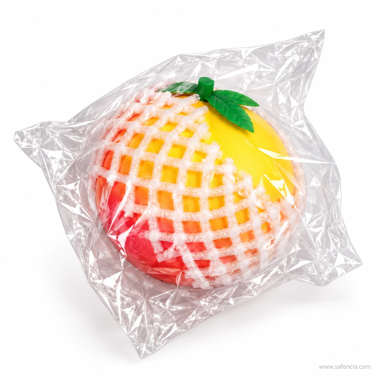 Honey peach squishy inside a white foam net sleeve sealed in a clear plastic wrapper