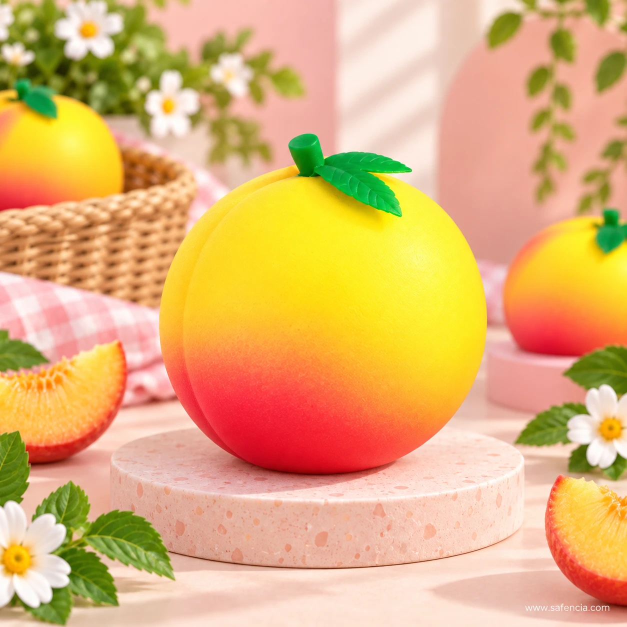 Honey peach squishy on a pink stand among flowers and sliced peaches in a styled scene