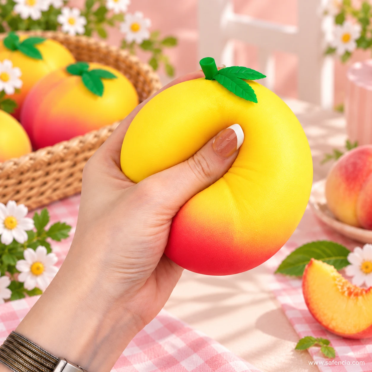 Hand squeezing the honey peach squishy in a pink styled scene with a fruit basket behind