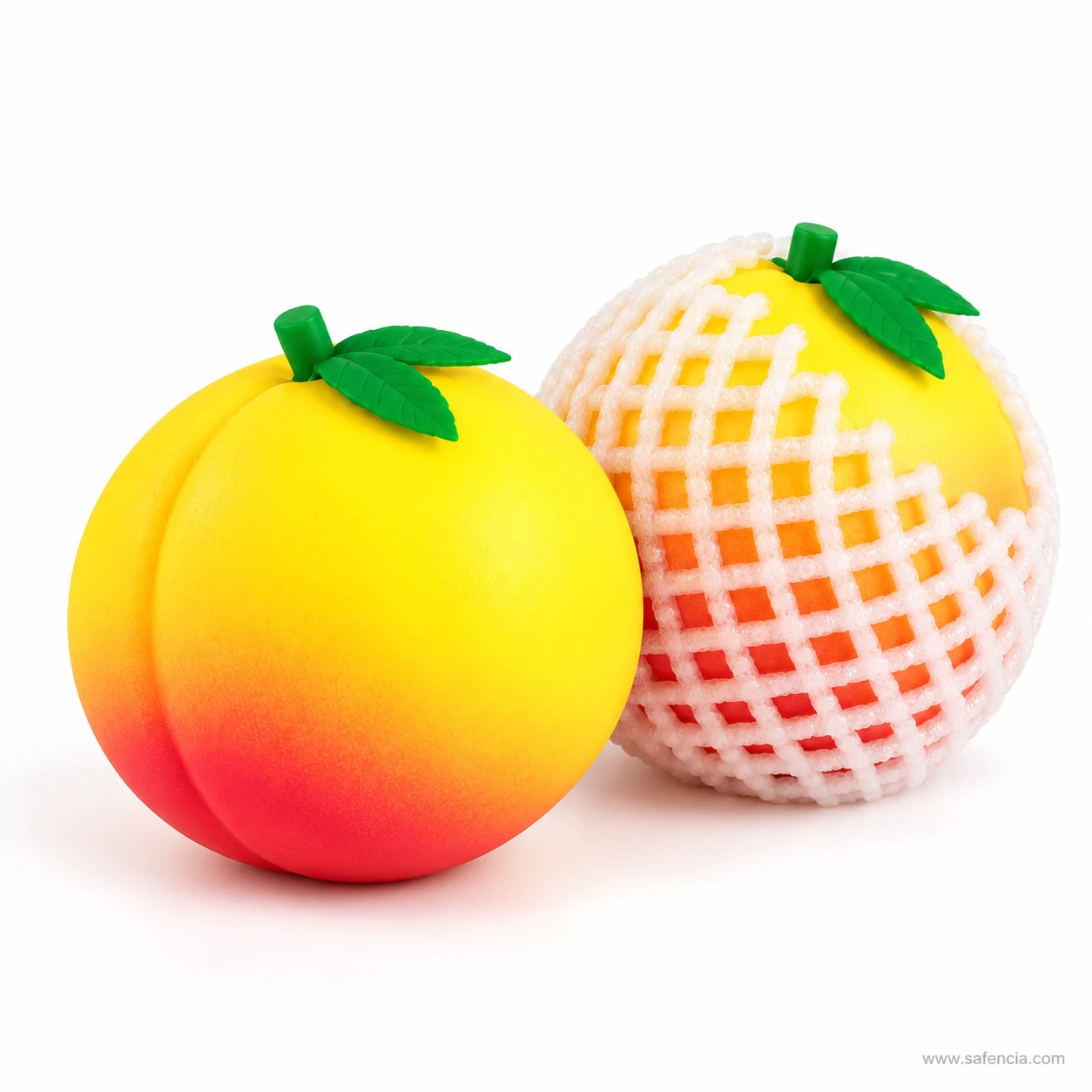 Unwrapped honey peach squishy beside another still inside its white foam net sleeve