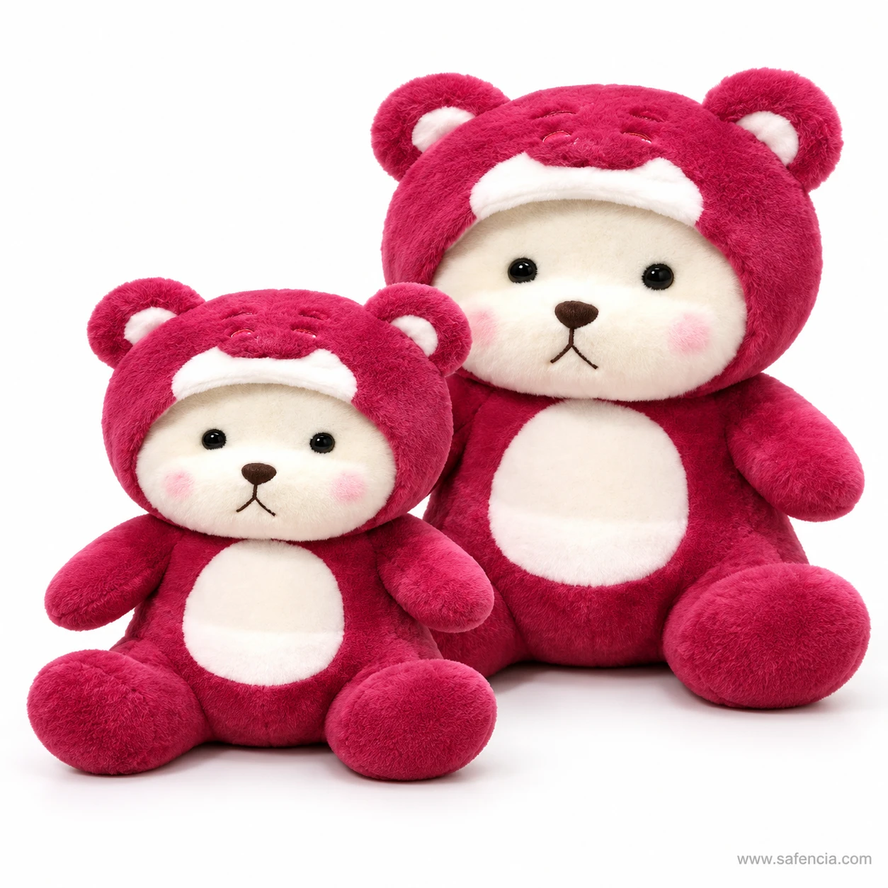 Small 30 cm hoodie teddy bear sitting in front of the larger 40 cm hoodie teddy bear