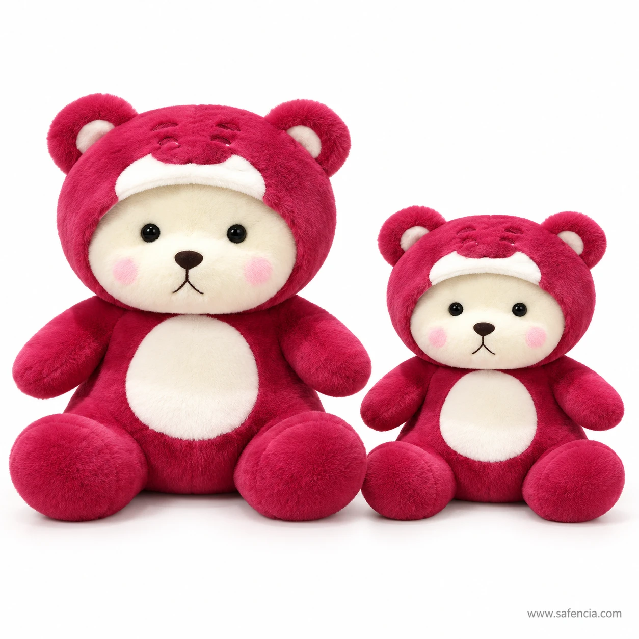 Hoodie teddy bear plush in 40 cm and 30 cm sizes sitting side by side for size comparison
