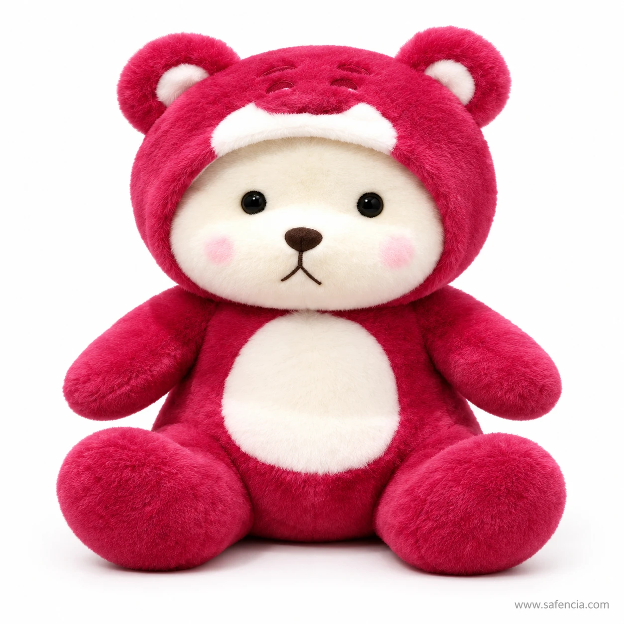 Front view of the hoodie teddy bear plush with a cream face, black eyes, brown nose and pink cheeks