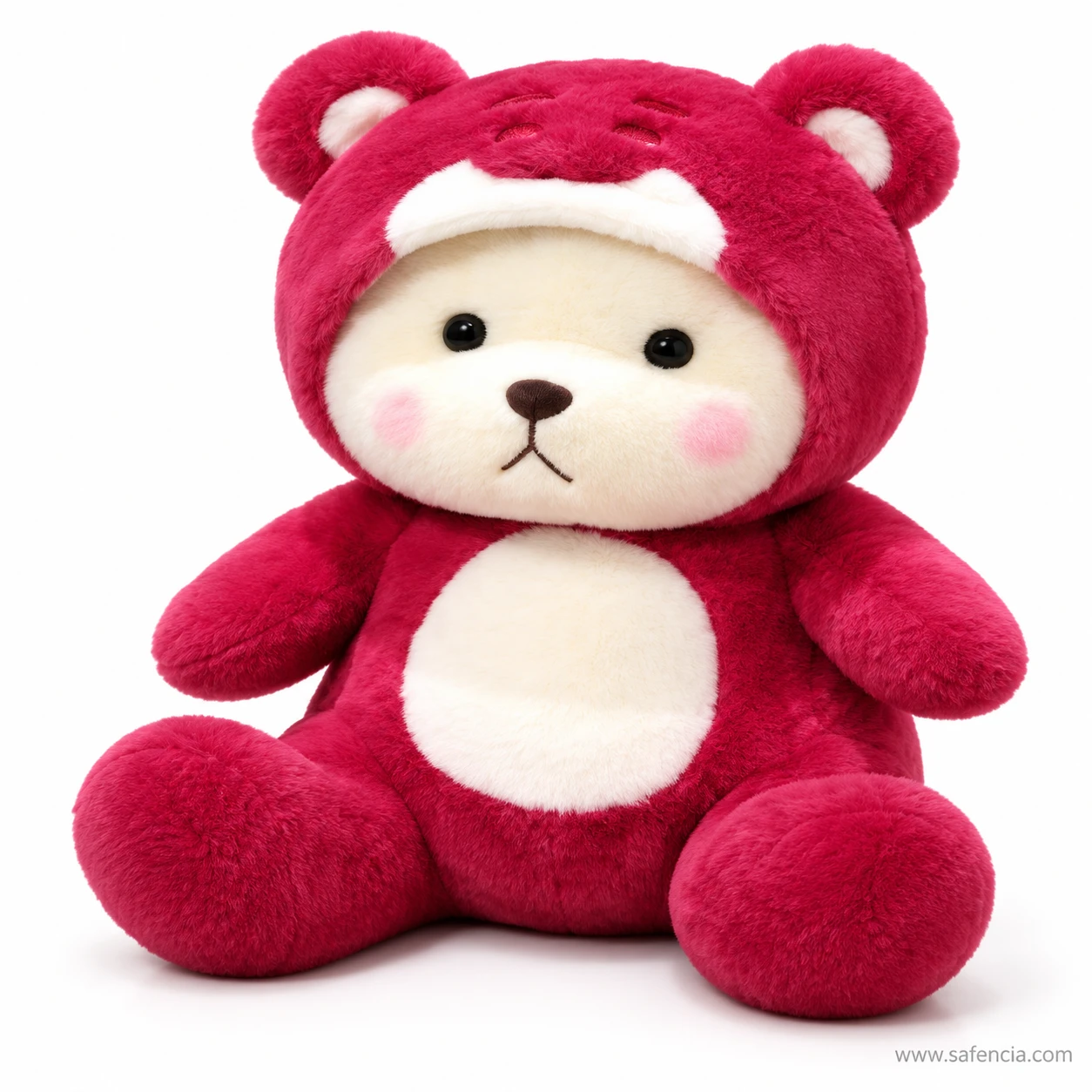 Hoodie teddy bear seen at an angle, showing the raspberry hood with bear ears and a stitched face on top