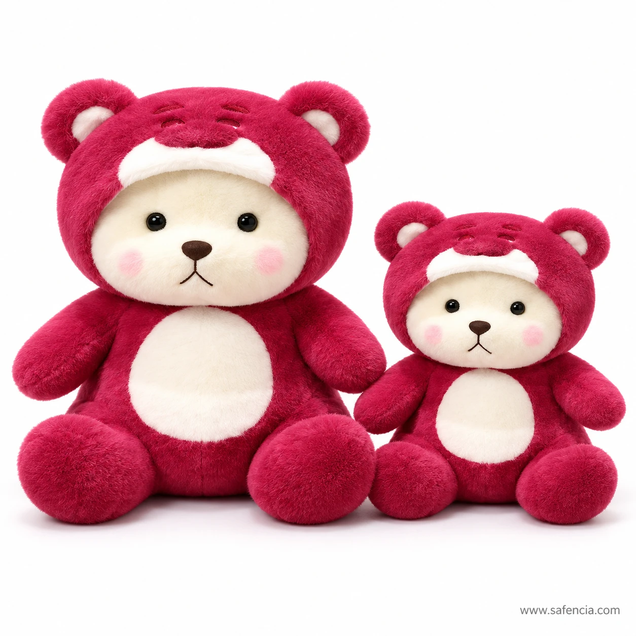 Two hoodie teddy bear plush toys, 40 cm and 30 cm, in matching raspberry-red bear costumes