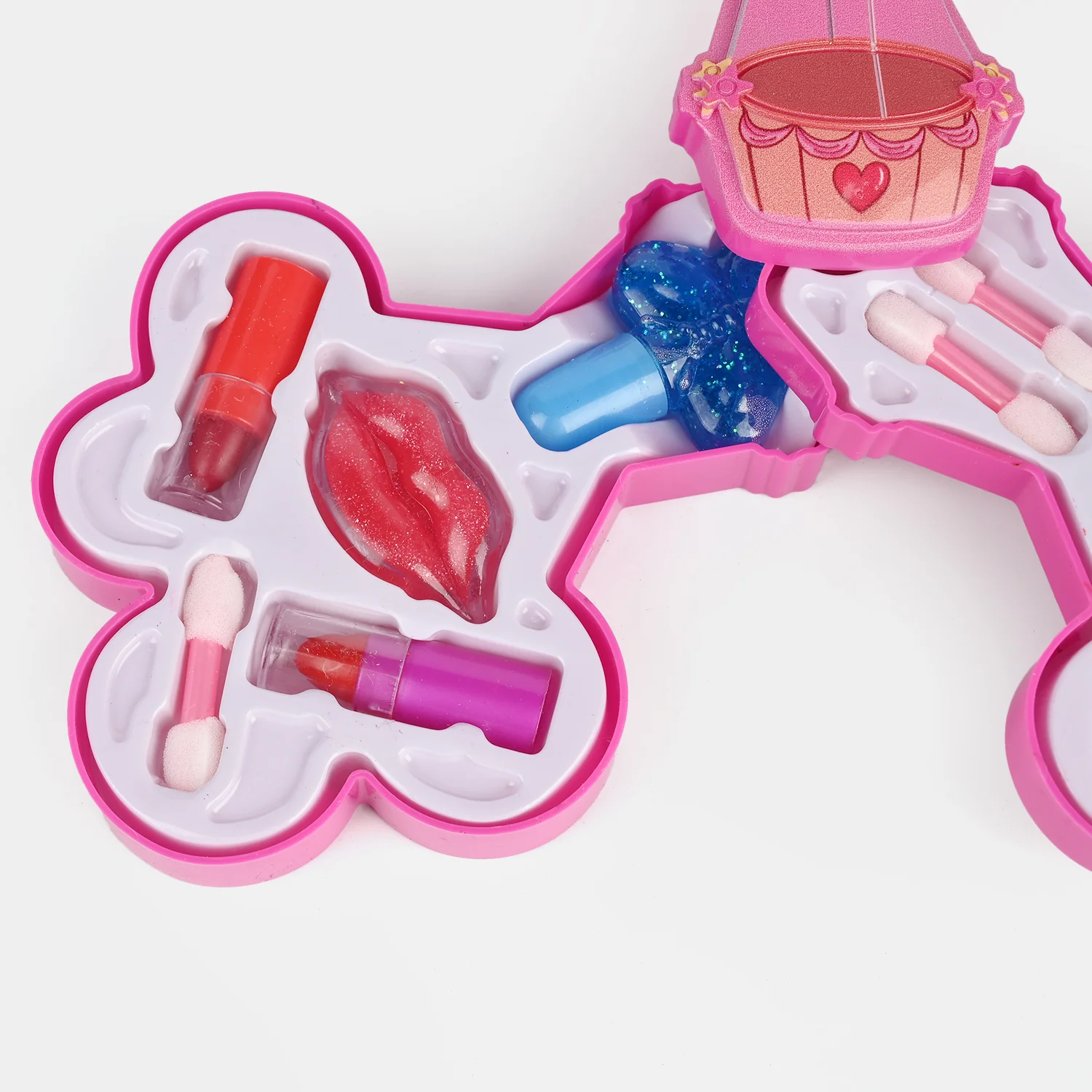 Hot Air Balloon Makeup Case open view - three tiers of eyeshadows, lipstick and lip gloss