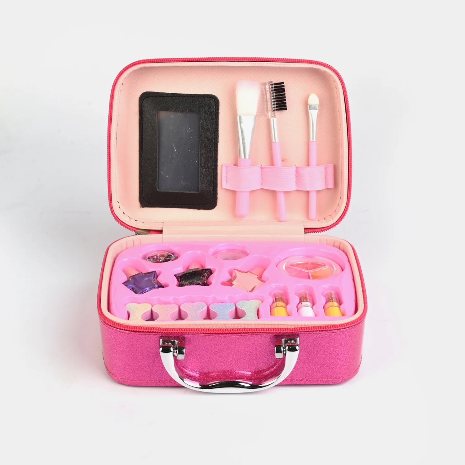 Hot Pink Glitter Makeup Briefcase detail view - shaped eyeshadows