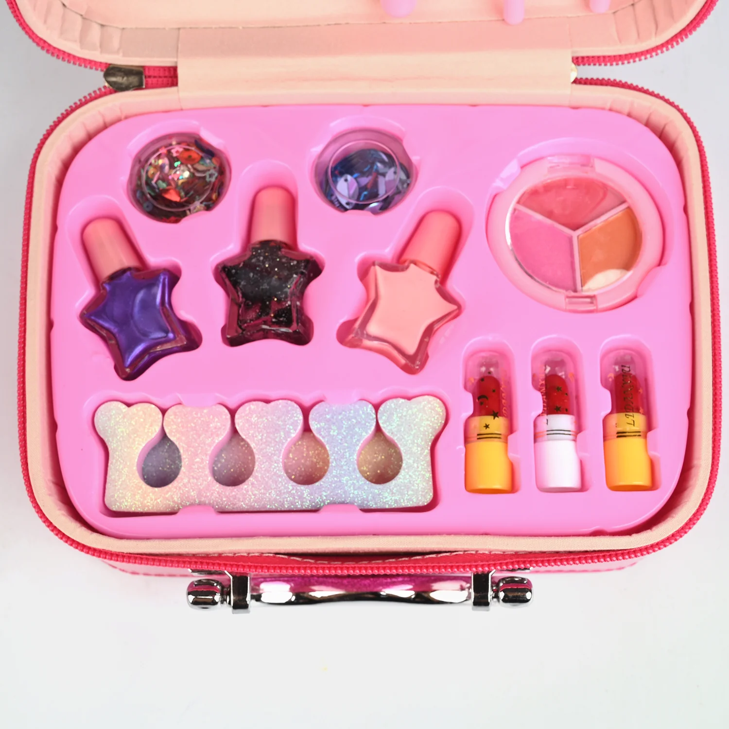 Hot Pink Glitter Makeup Briefcase open view - eyeshadows, blush, lip colours, nail polish and brushes