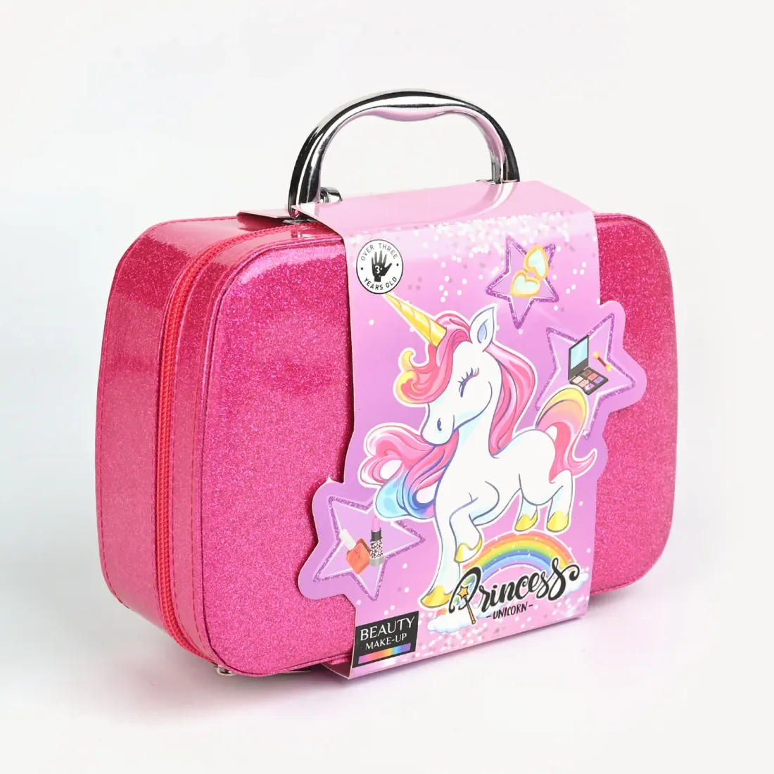Hot Pink Glitter Makeup Briefcase side view - carry handle case