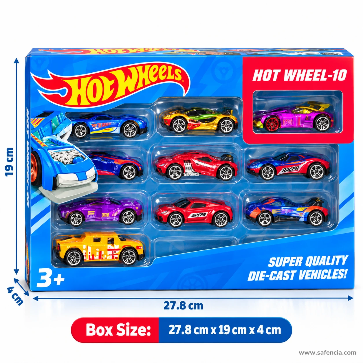 Front of the Hot Wheel-10 gift box marked with its size, 27.8 cm by 19 cm by 4 cm, showing ten cars inside the clear tray