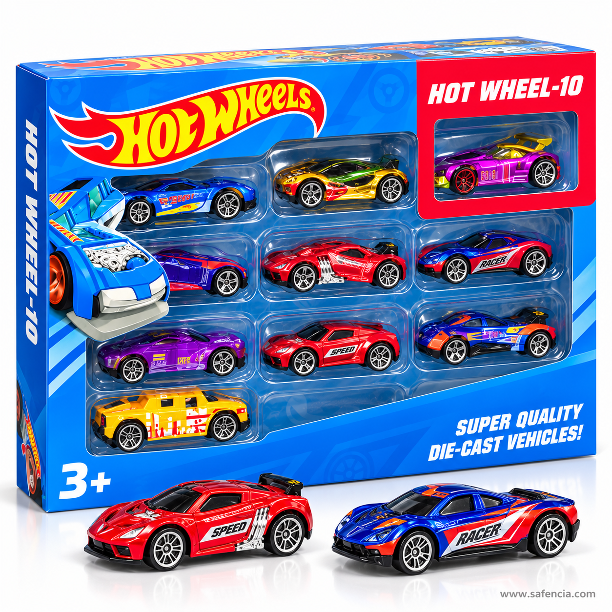 Angled view of the blue Hot Wheels gift box printed Super Quality Die-Cast Vehicles, with two of its cars in front