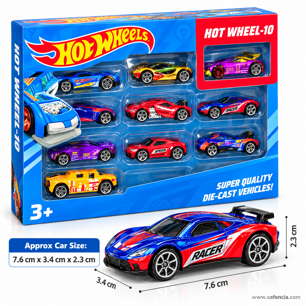 Blue and red RACER die-cast car from the Hot Wheels set measured at about 7.6 cm long, 3.4 cm wide and 2.3 cm tall