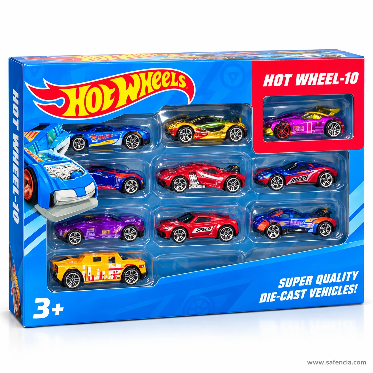 Sealed Hot Wheel-10 window gift box with ten die-cast cars in a clear tray and one behind a red display window