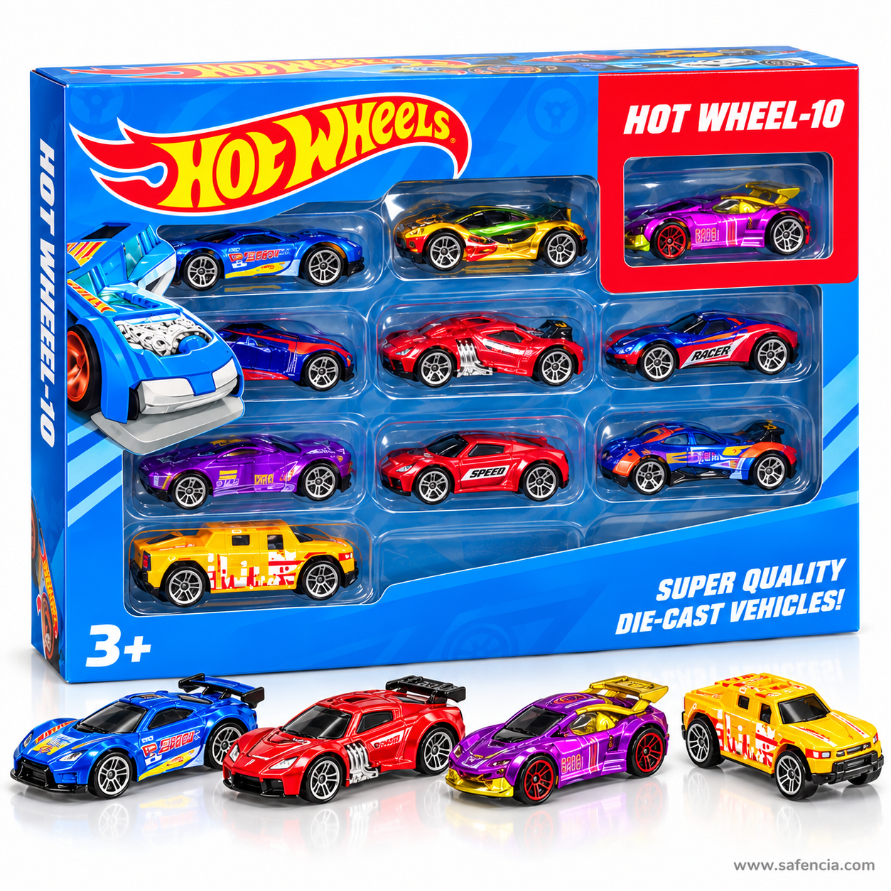 Hot Wheel-10 box with four of its cars parked in front: a blue racer, a red sports car, a purple racer and a yellow SUV
