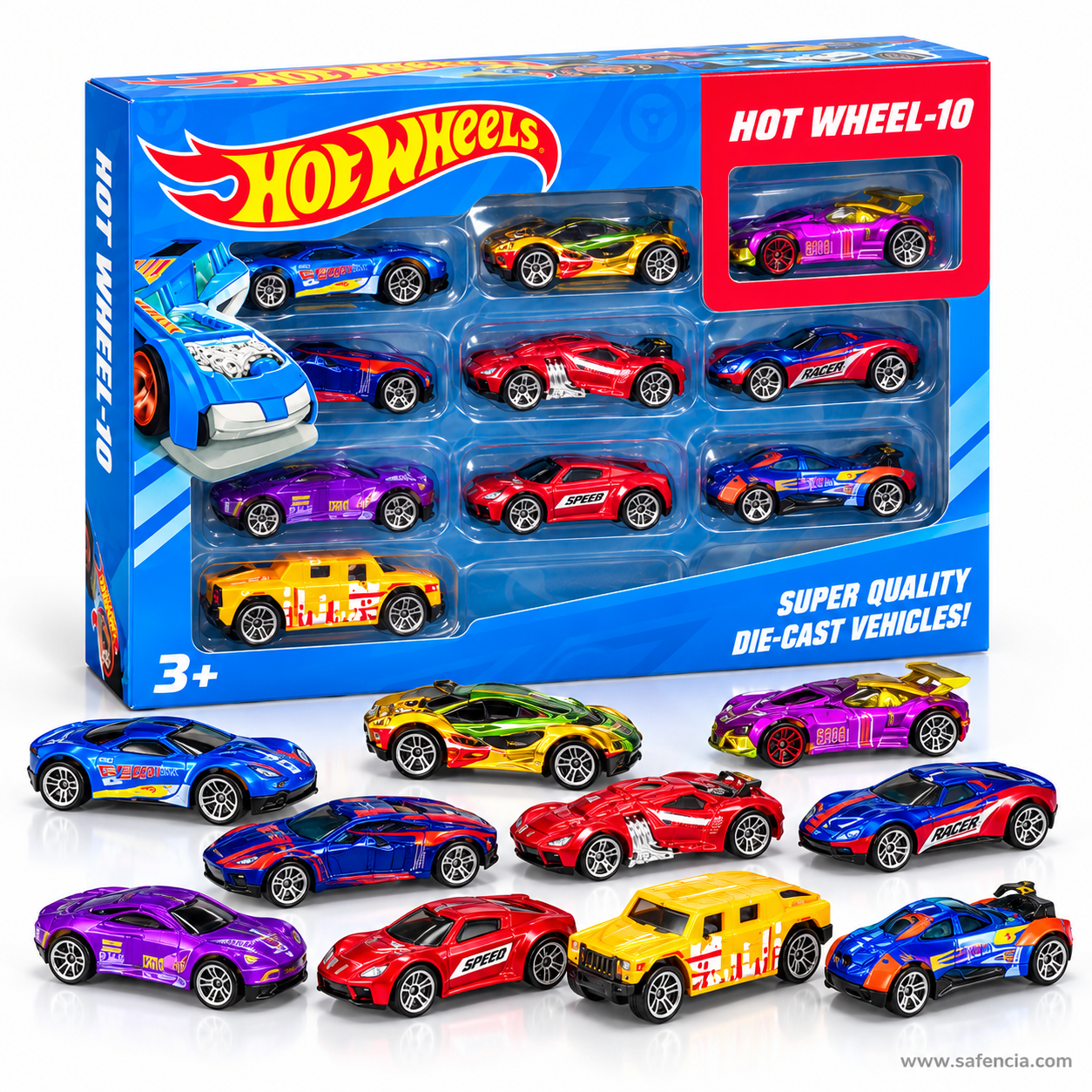 Ten Hot Wheels die-cast cars spread out in front of their blue box, including racers with rear wings and a yellow SUV