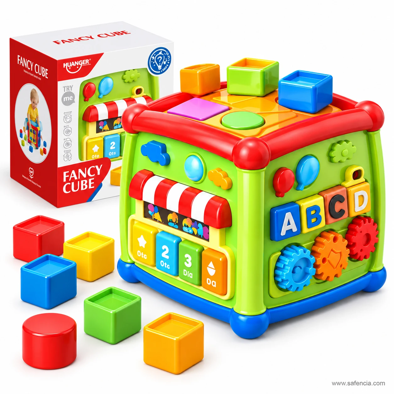 Huanger Fancy Cube set with box and sorting blocks from a lower angle