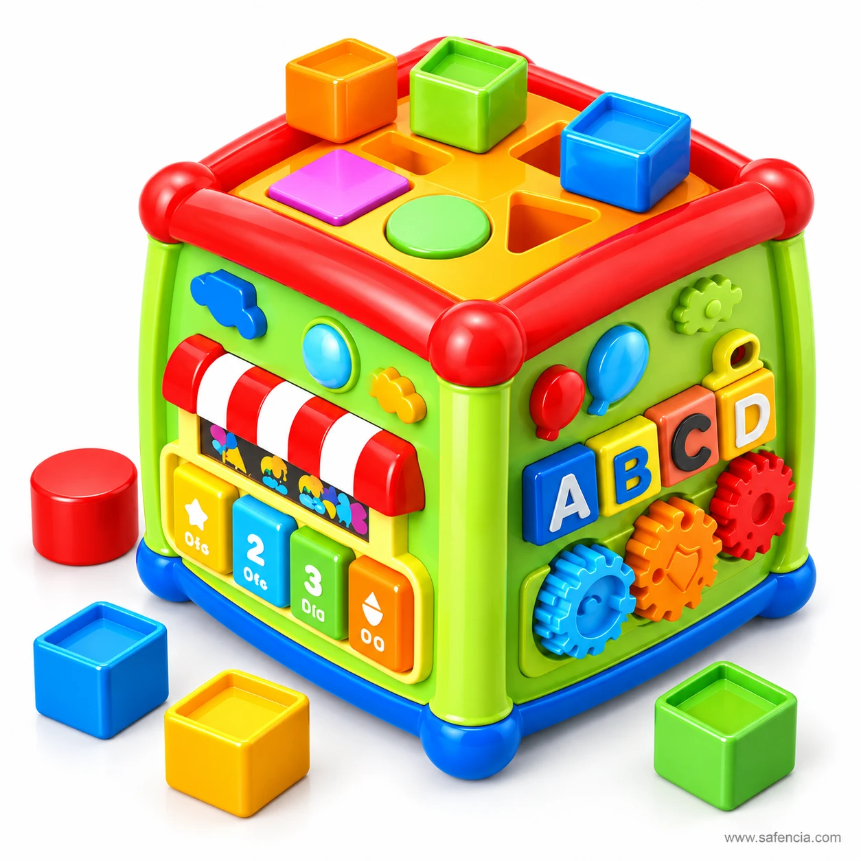Top of the Huanger Fancy Cube showing the shape sorter holes and coloured blocks
