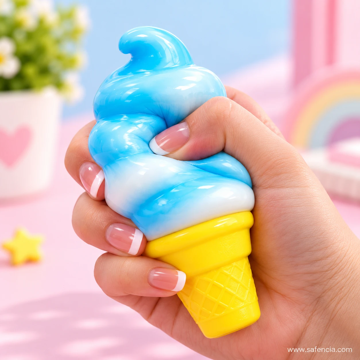 Close view of a hand squeezing the blue ice cream swirl so it folds between the fingers