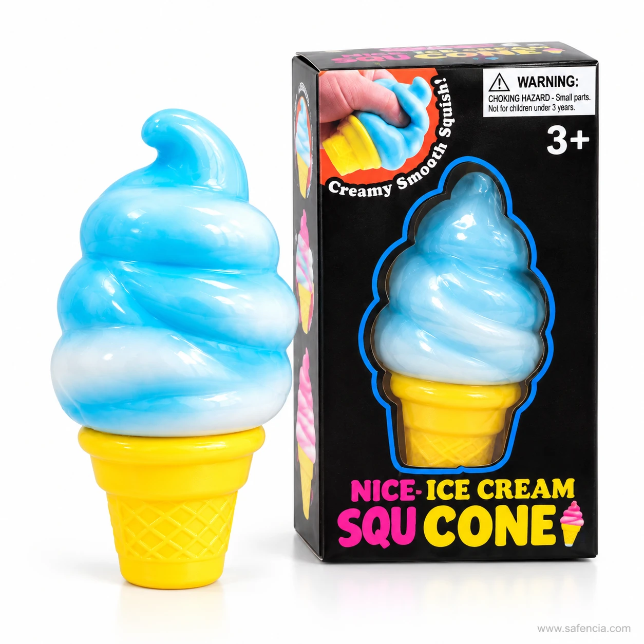 Blue and white soft-serve ice cream cone squishy beside a box marked Creamy Smooth Squish and 3+