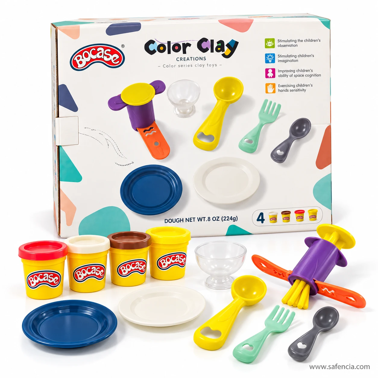 Back of the Color Clay box listing the tools, with the four clay tubs, plates, dessert cup and press in front