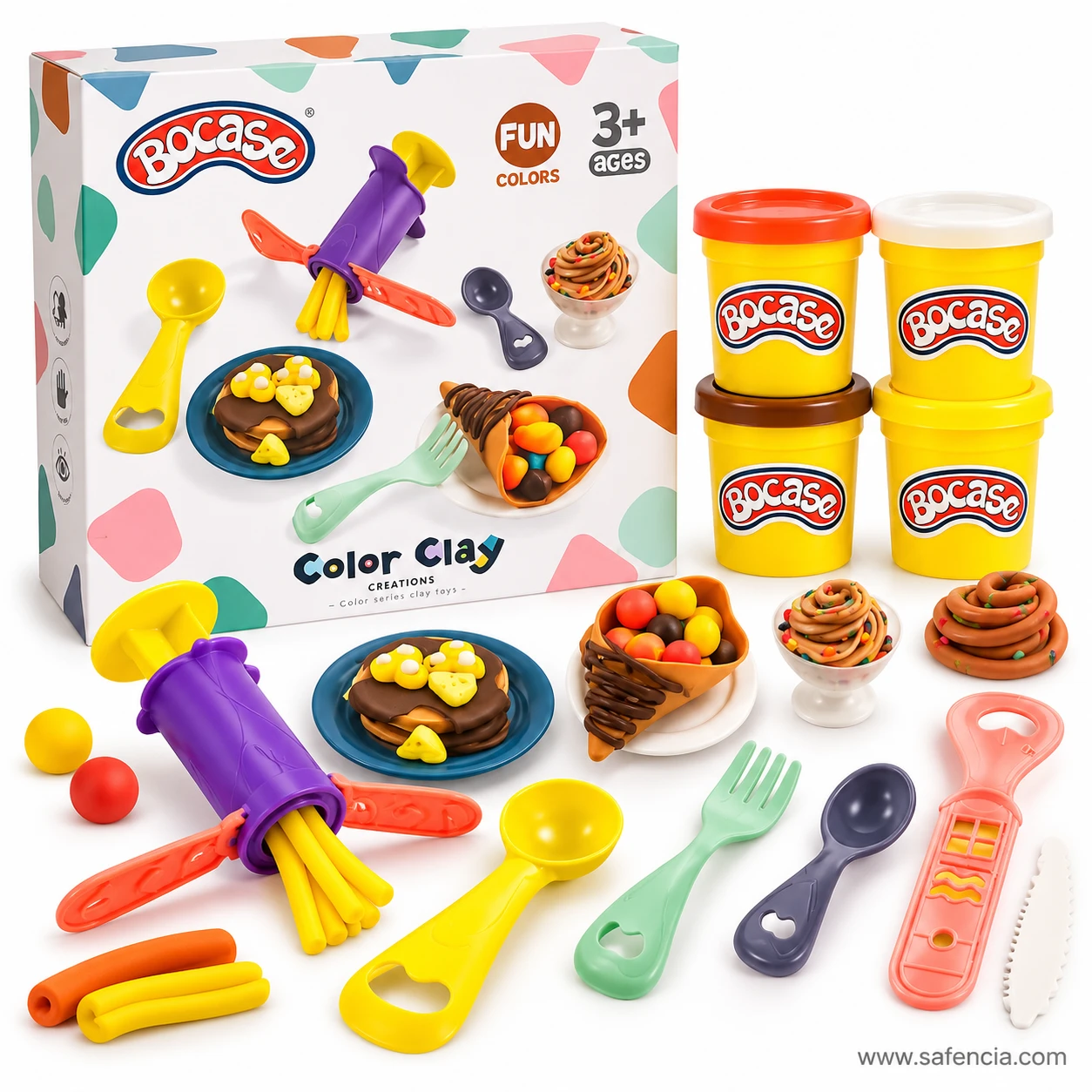 Clay ice cream cone, dessert swirls and clay balls made with the play dough set beside its tubs and tools