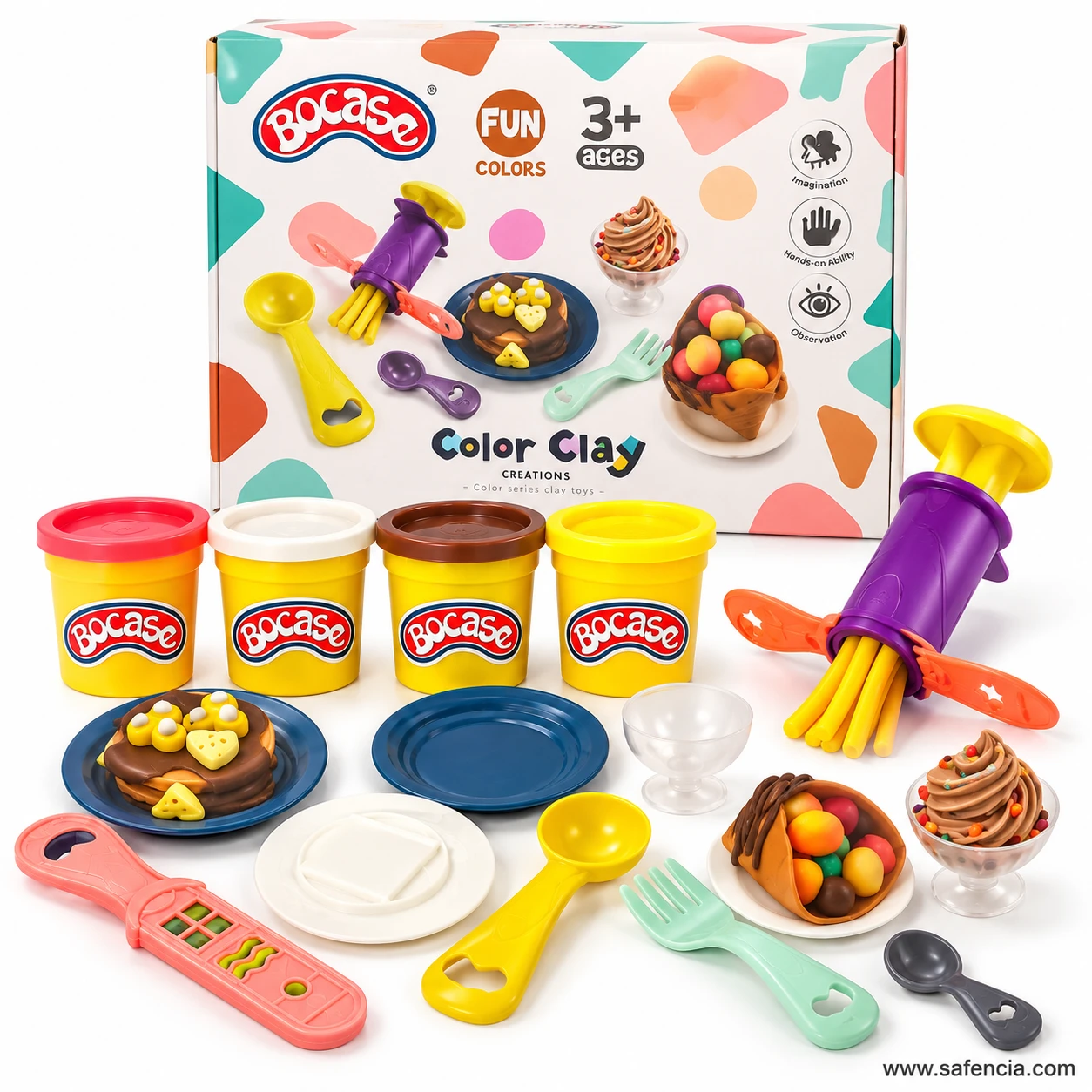 Clay pancakes on a blue plate and a clay sundae in the dessert cup, made with the ice cream play dough set