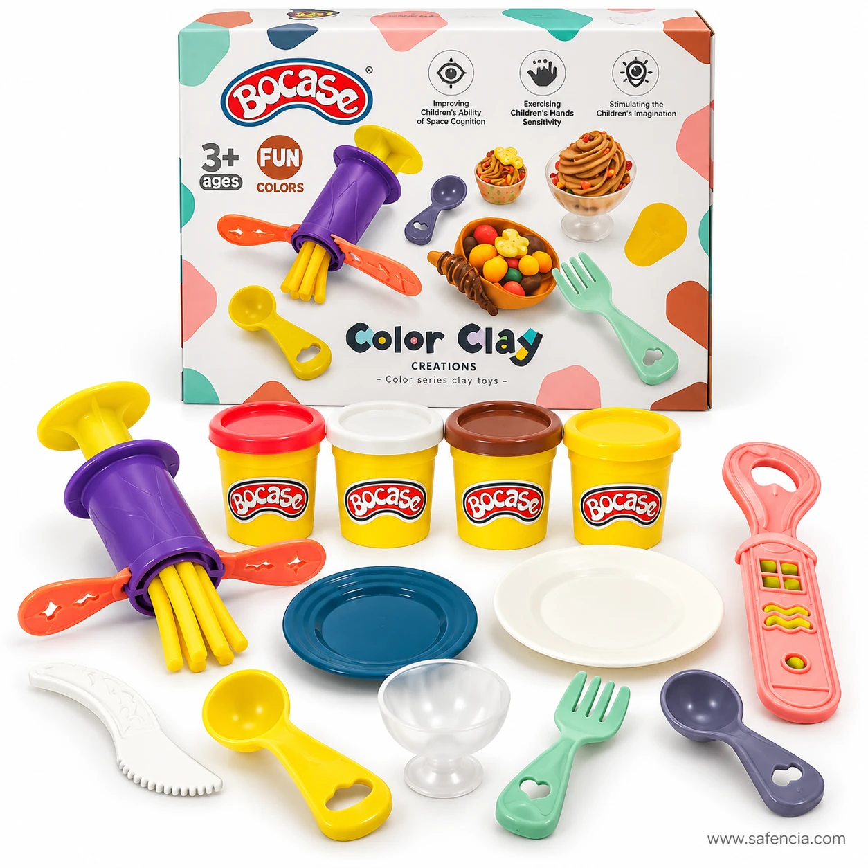 Bocase Color Clay box with the ice cream play dough set laid out: tubs, press, plates, cup, cutter and cutlery