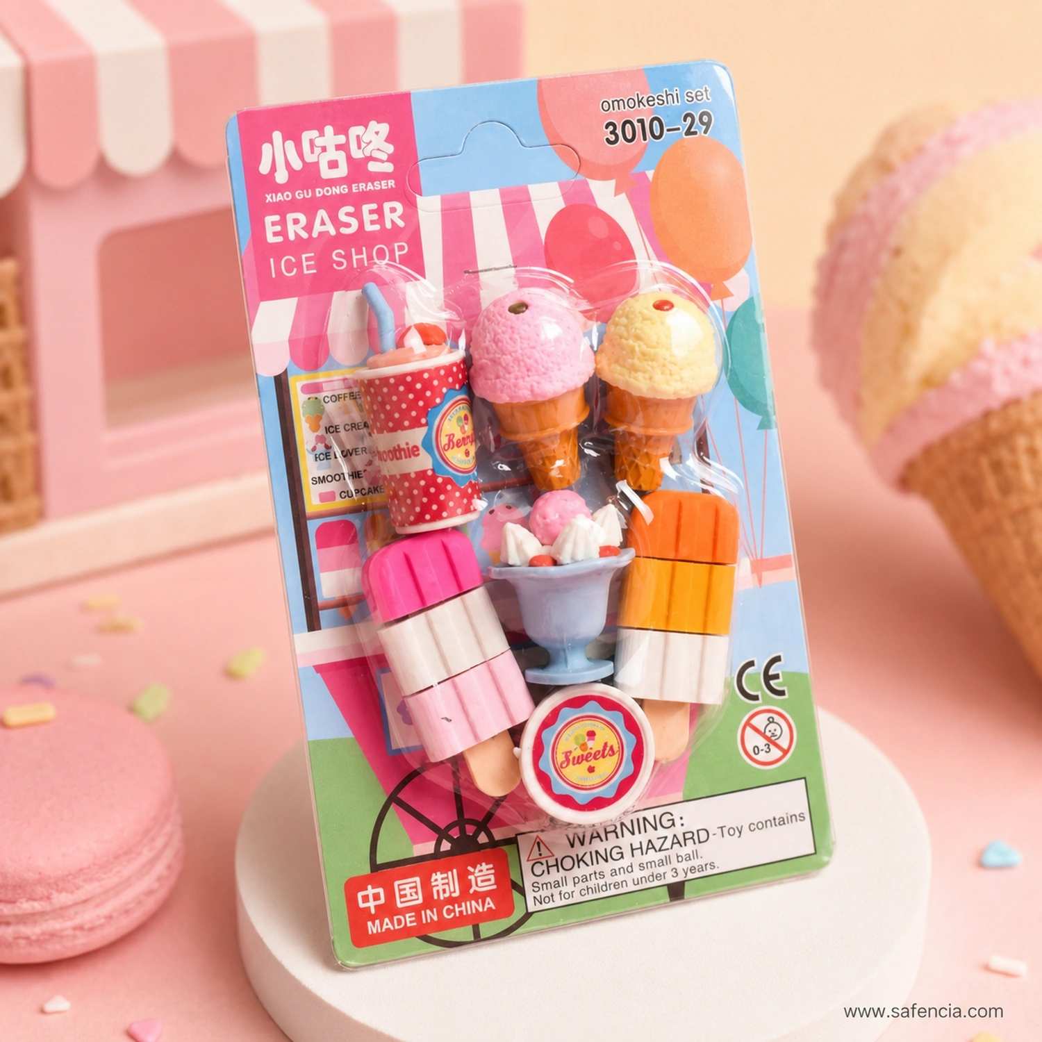 Angled close view of the ice cream eraser card with the pink and yellow scoop cones and layered lollies in focus