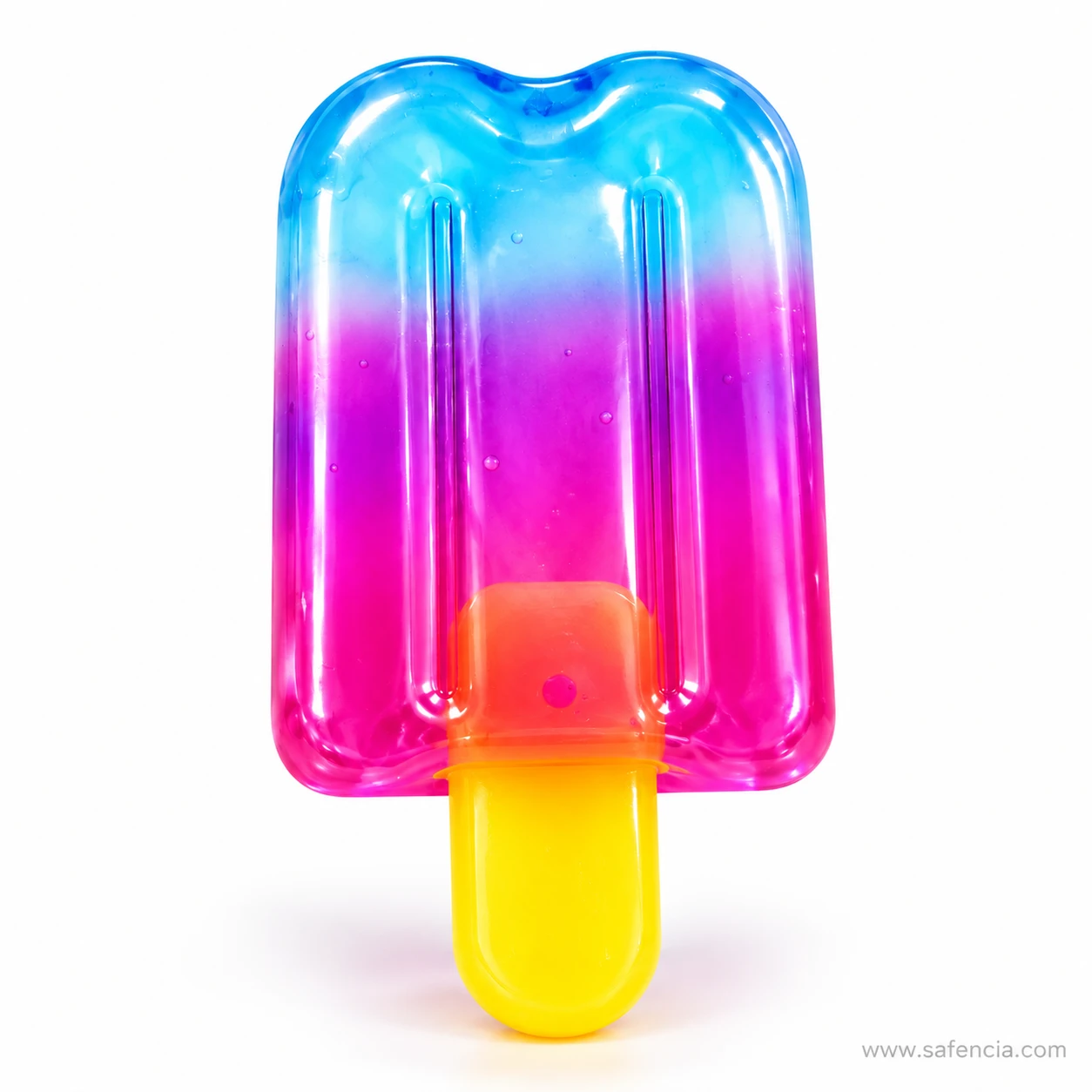 Clear ice lolly popsicle squishy fading from light blue into pink on a chunky yellow stick