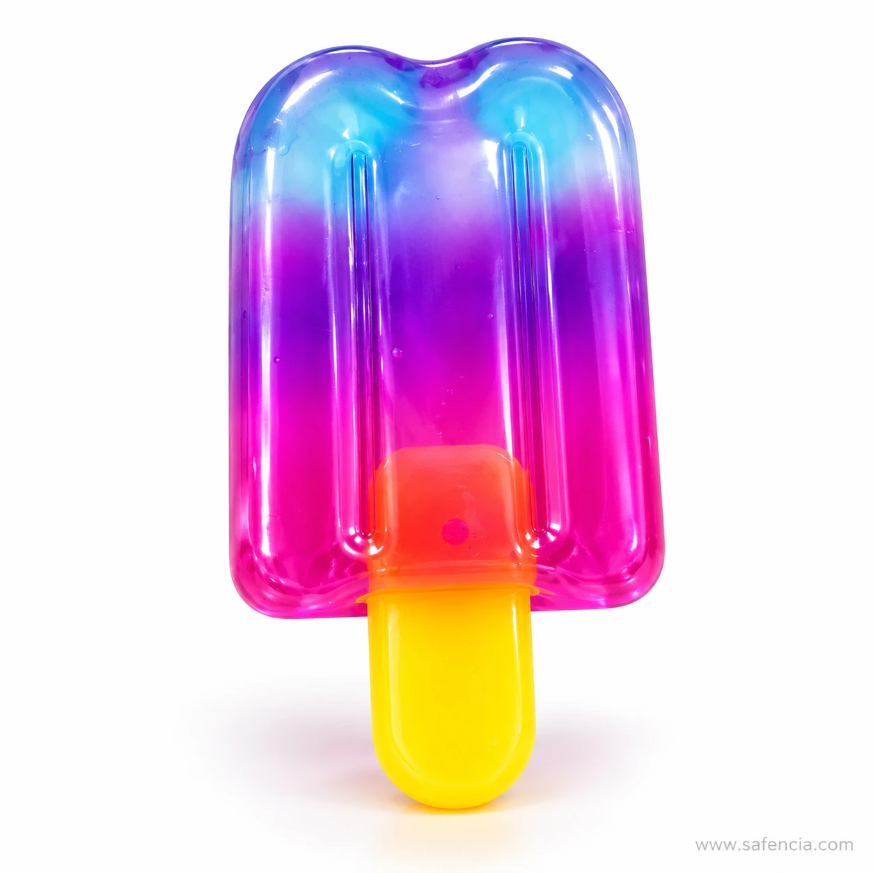 Clear ice lolly popsicle squishy fading from blue through purple to pink on a yellow stick