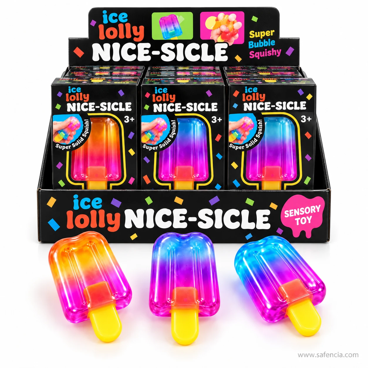 Counter display of boxed ice lolly popsicle squishies marked Sensory Toy with lollies in front