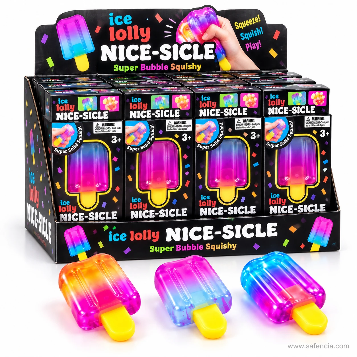 Display of boxed ice lolly popsicle squishies printed Super Bubble Squishy with three lollies in front