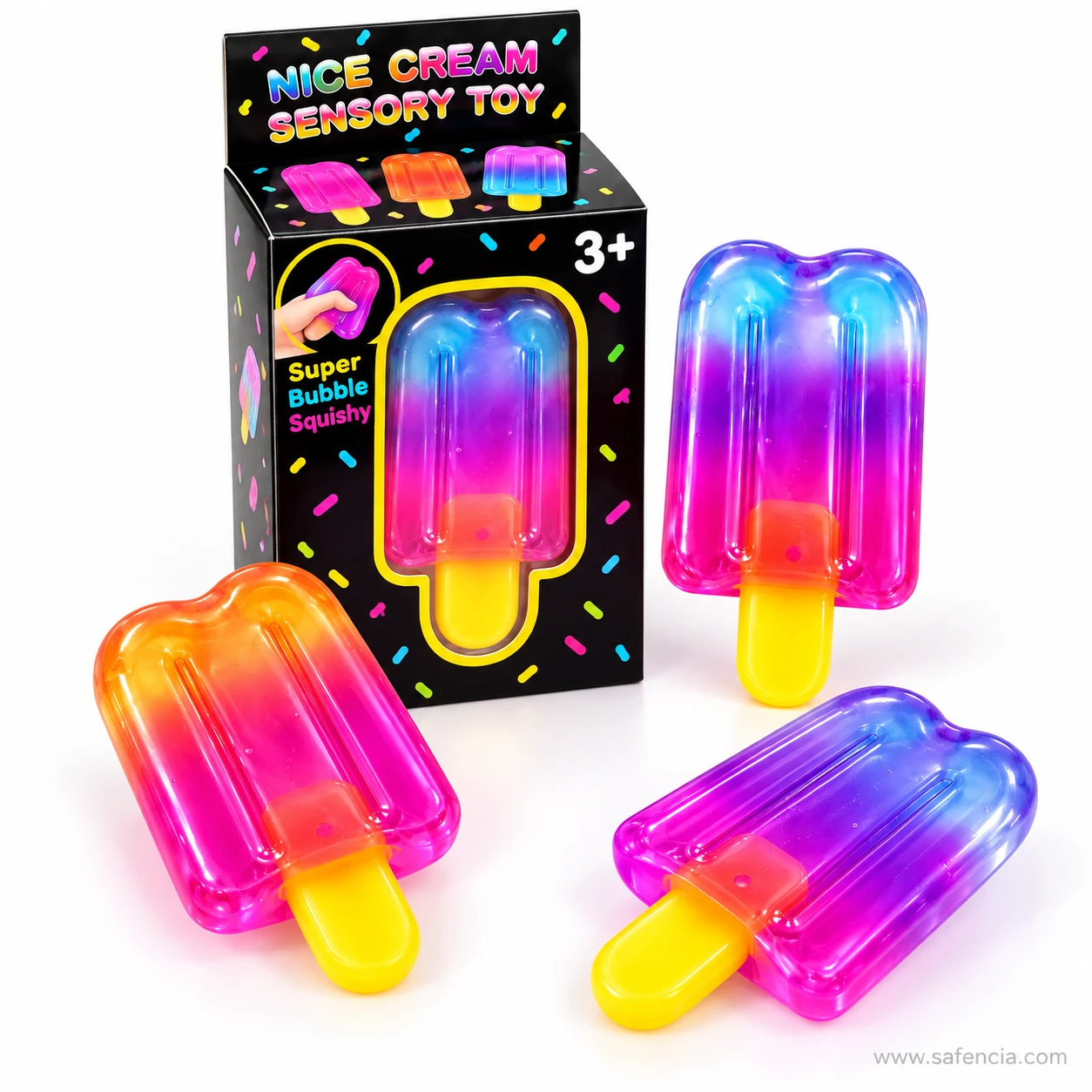 Nice Cream Sensory Toy box with three ice lolly popsicle squishies arranged around it