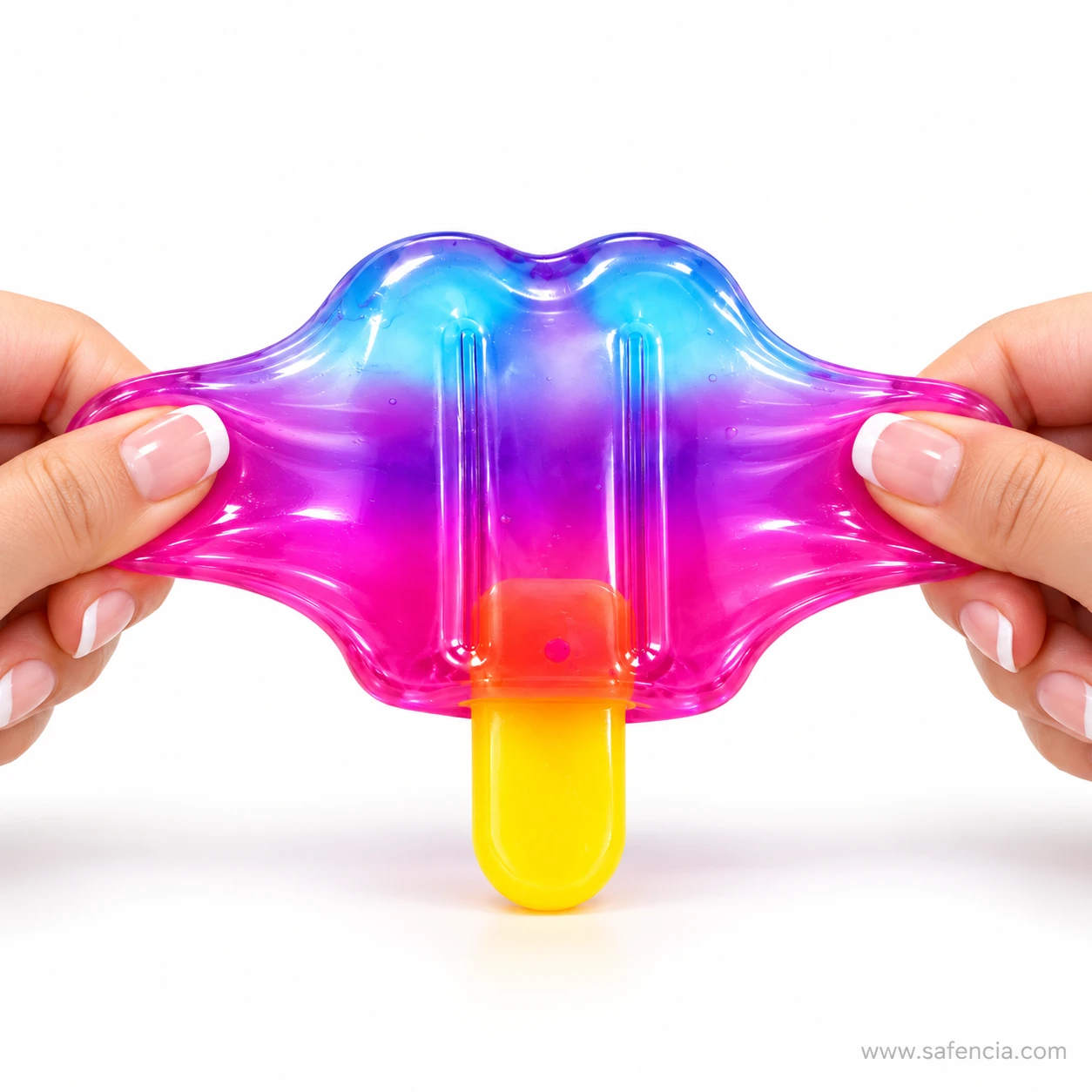 Two hands stretching the ice lolly popsicle squishy out wide like soft toffee