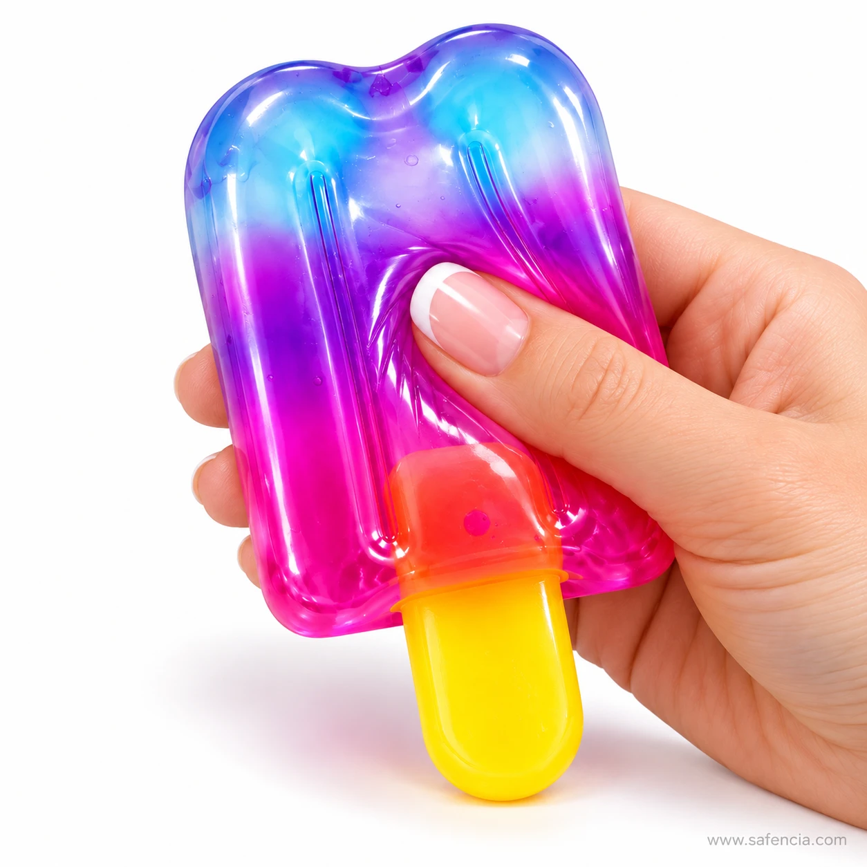 Thumb pressing into the purple and pink body of the ice lolly popsicle squishy