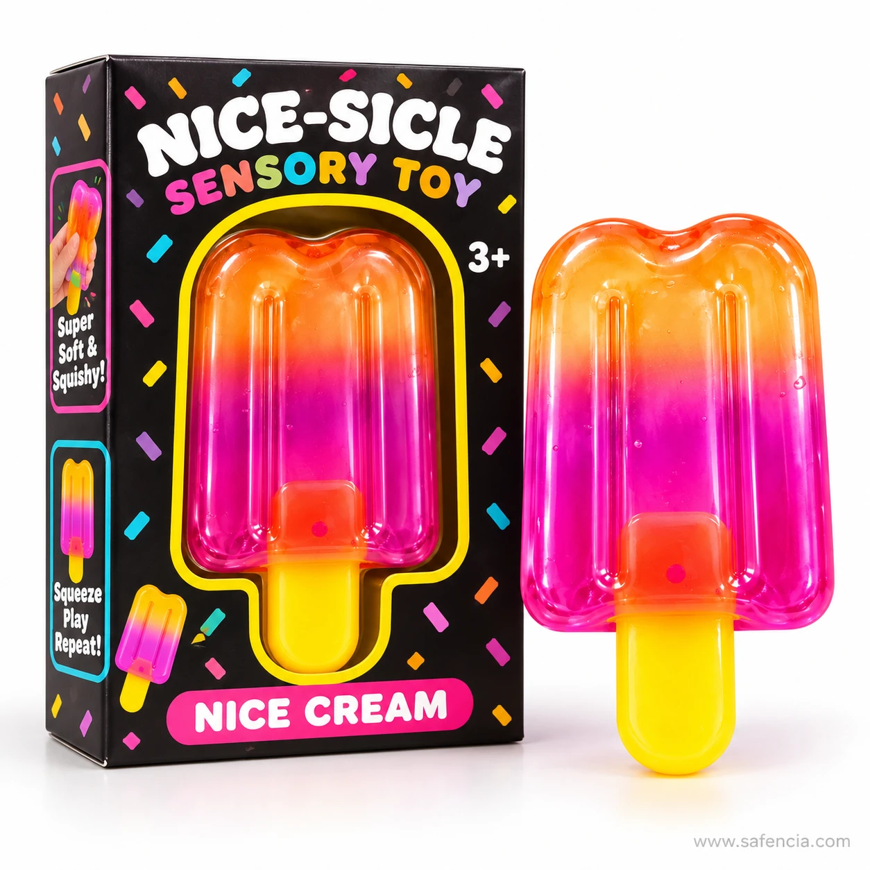 Ice lolly popsicle squishy beside its black Nice-Sicle Sensory Toy window box with a 3+ mark