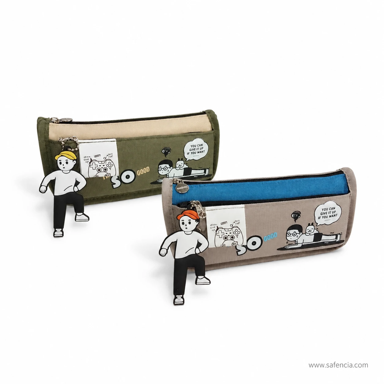 Olive and taupe So Good canvas pencil cases photographed together
