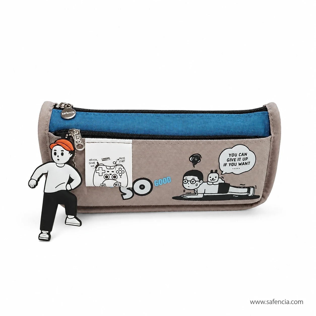 Taupe canvas pencil case with a bright blue top panel and blue zip