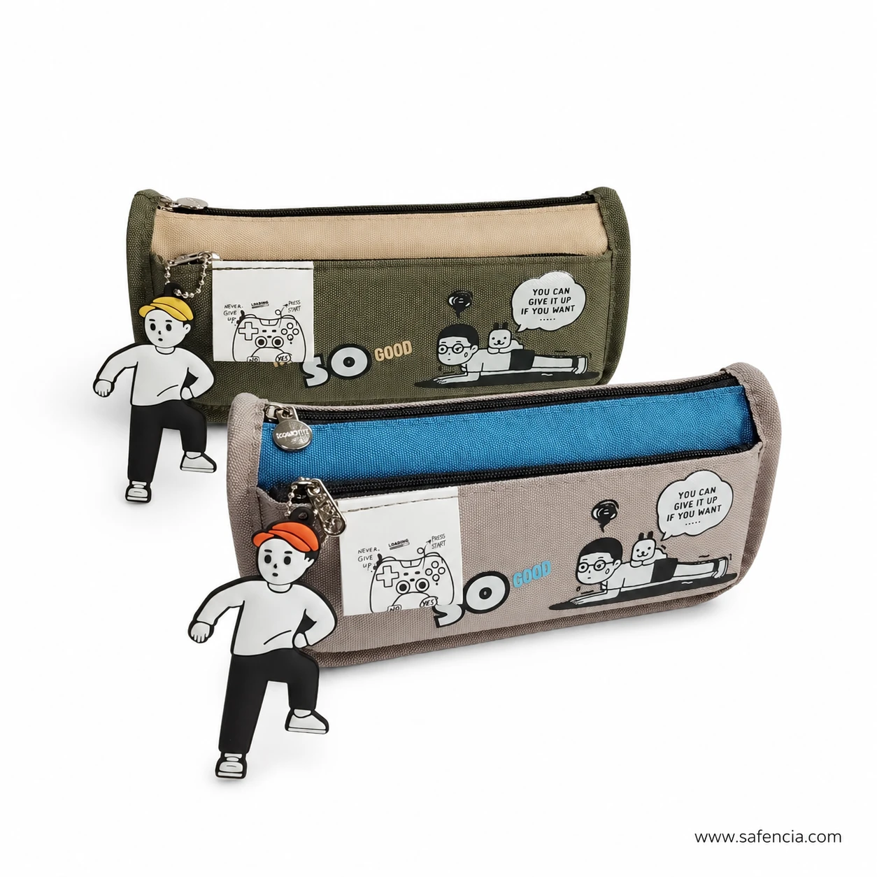 So Good canvas pencil case showing the top zip and the base zip