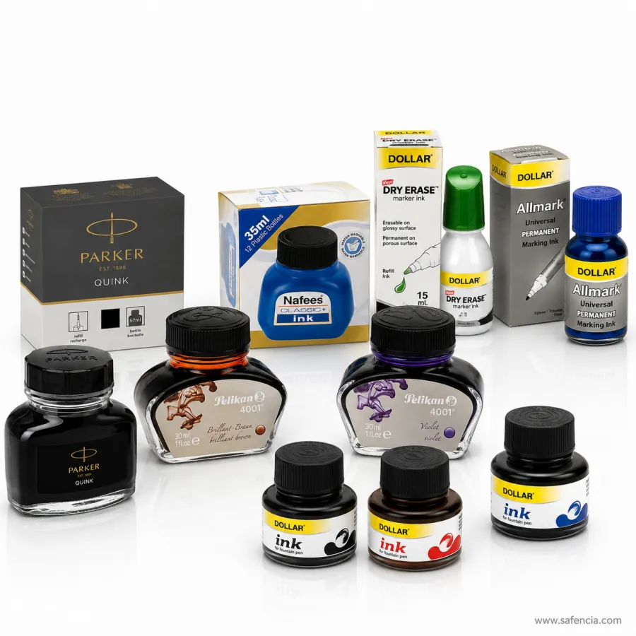 Safencia ink range in Pakistan — Parker Quink and Pelikan 4001 fountain pen ink bottles, Nafees washable school ink, Pelikan giant ink cartridges and Dollar and Piano whiteboard and permanent marker refills