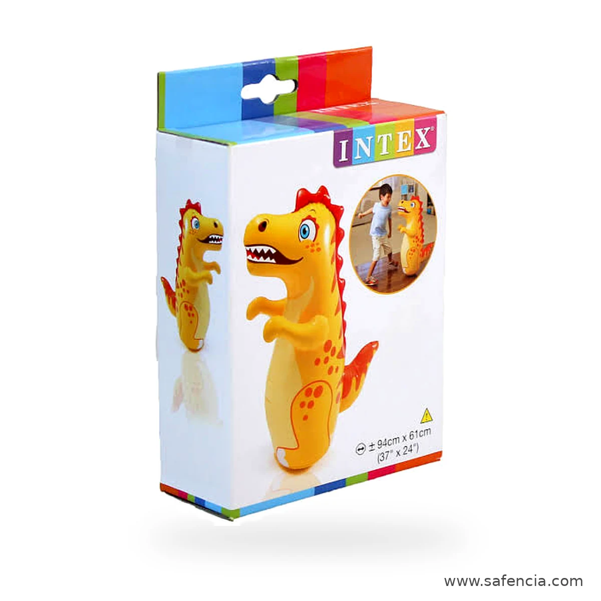 Intex 3D Sand Bop Bag retail box showing the dinosaur toy and 94 x 61 cm size
