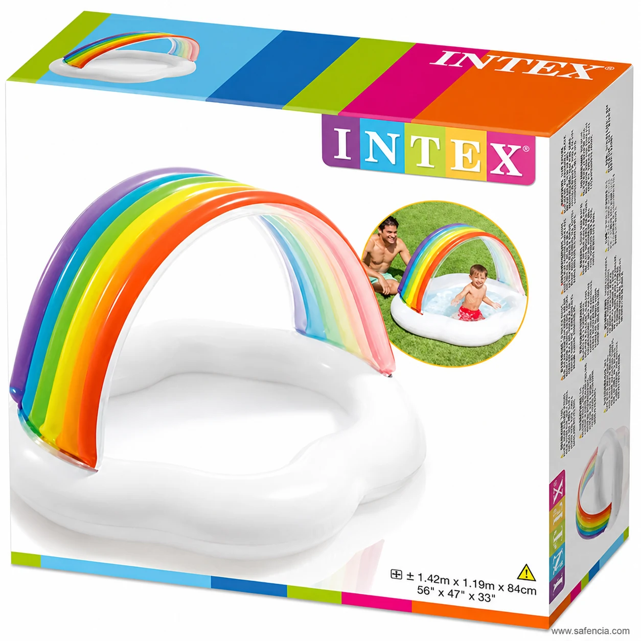 Intex Rainbow Cloud Baby Pool retail box showing the product image and size details