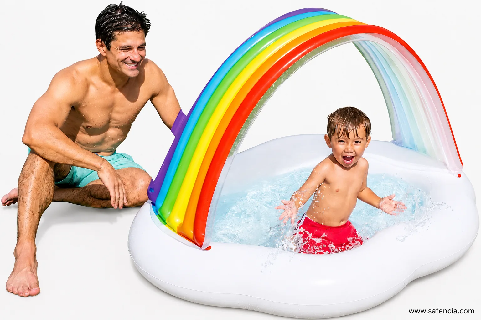 Toddler splashing in the Intex Rainbow Cloud Baby Pool while a parent sits beside it