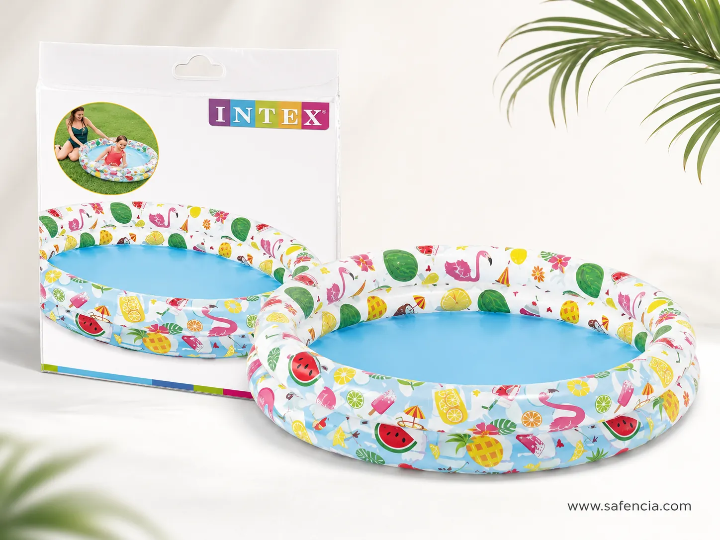 Intex Stargaze inflatable pool beside its retail box with Intex branding