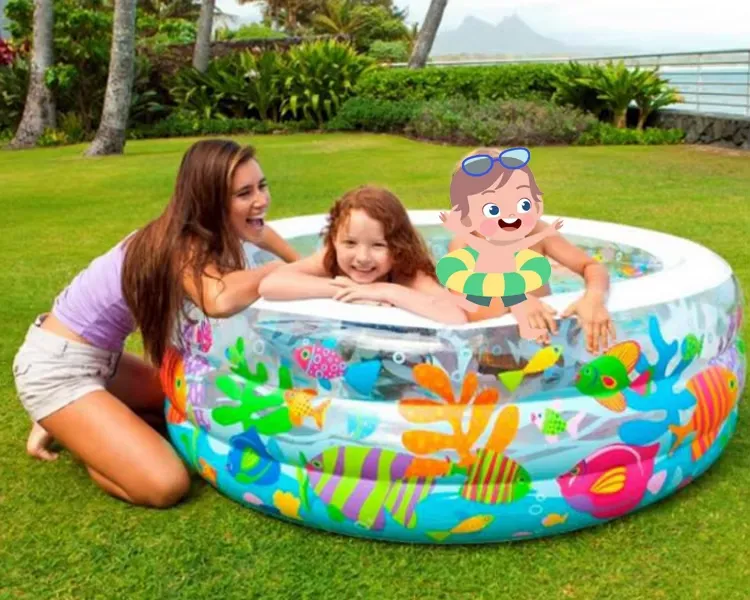 Intex Aquarium Pool filled with water on grass with children inside the deep transparent walls