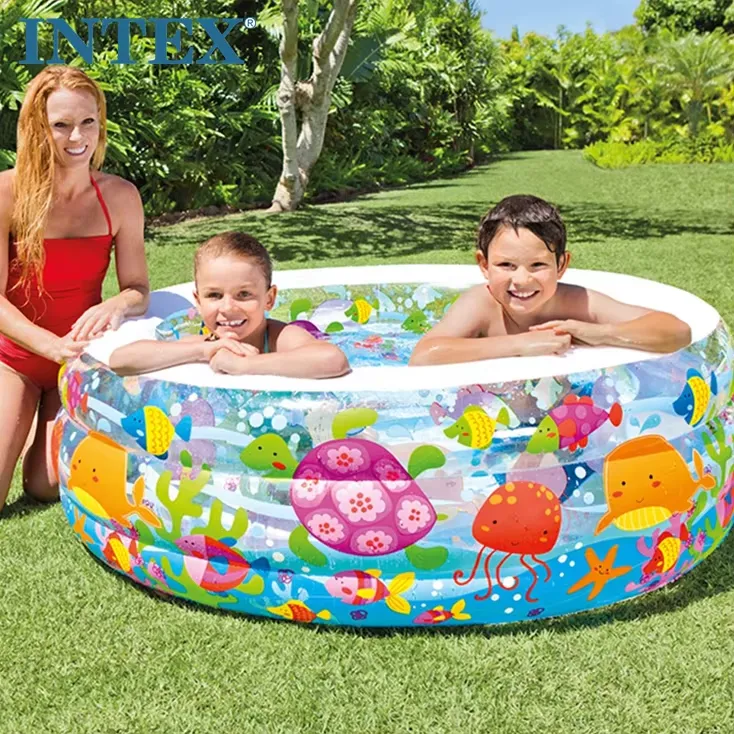 Intex Aquarium Pool on a lawn with a mother and two children leaning on the printed pool wall