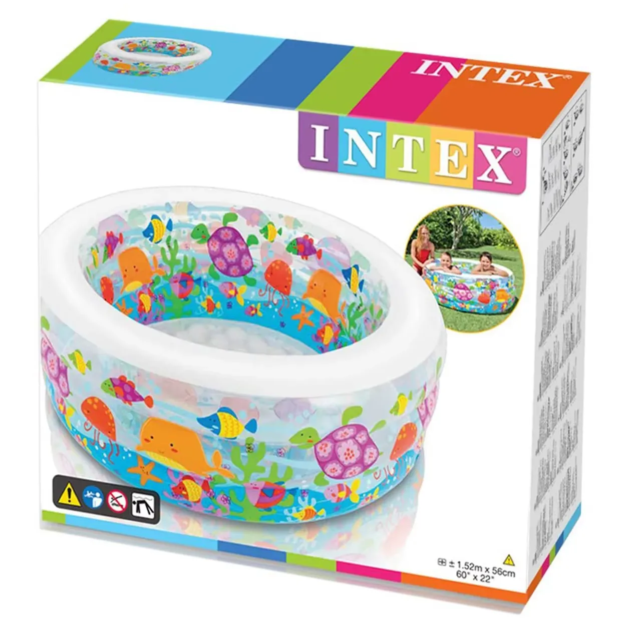 Intex Aquarium Pool shown in its retail Intex box with the 60 by 22 inch transparent aquarium pool